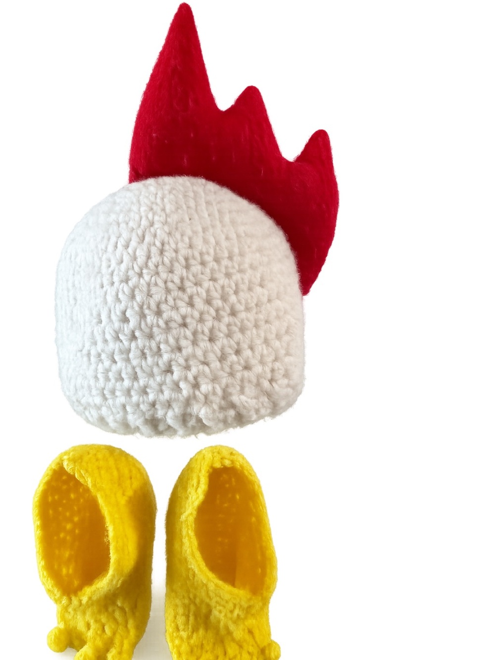 Crocheted Chicken Hat and Feet Costume Set - White, Red & Yellow